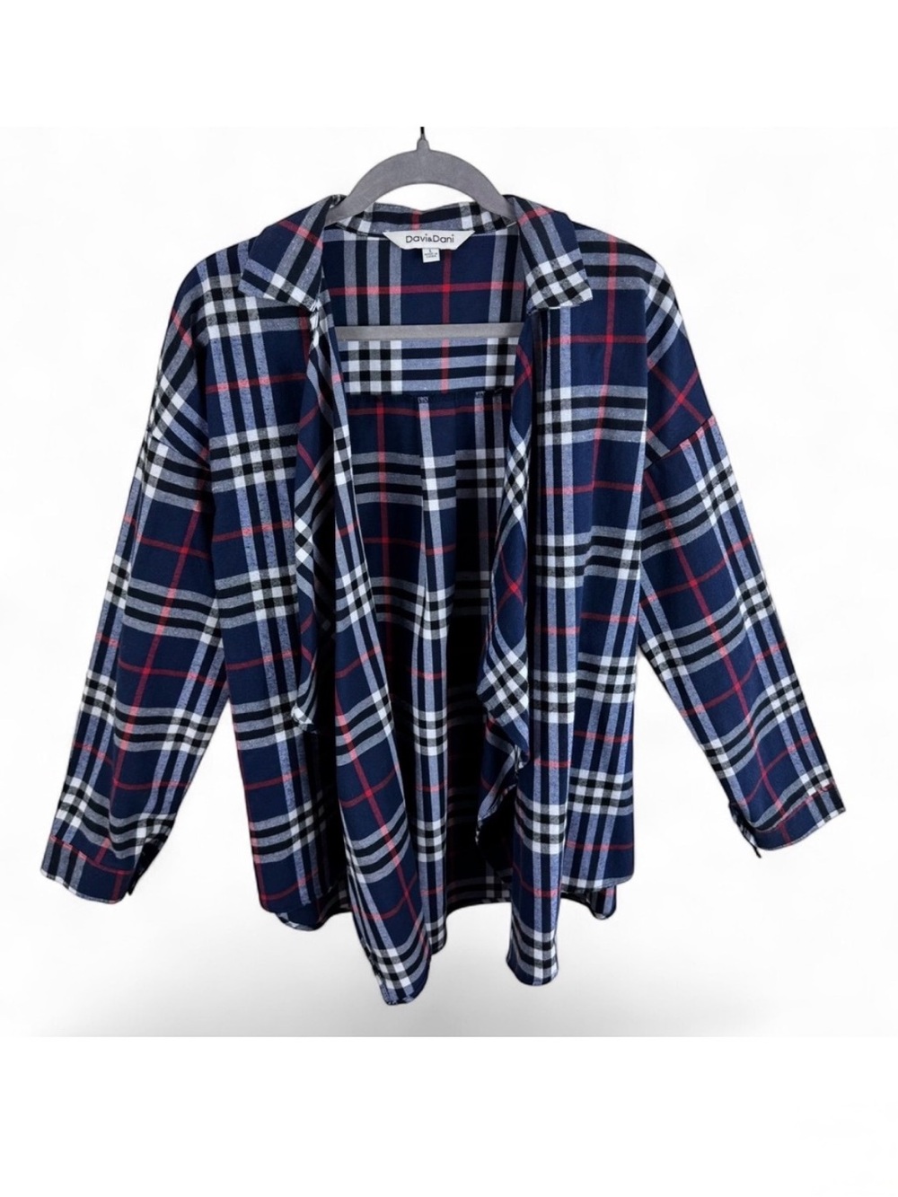 Davi & Dani Navy Blue‎ Plaid Draped Open Front Cotton Flannel Top DJ1252C Large